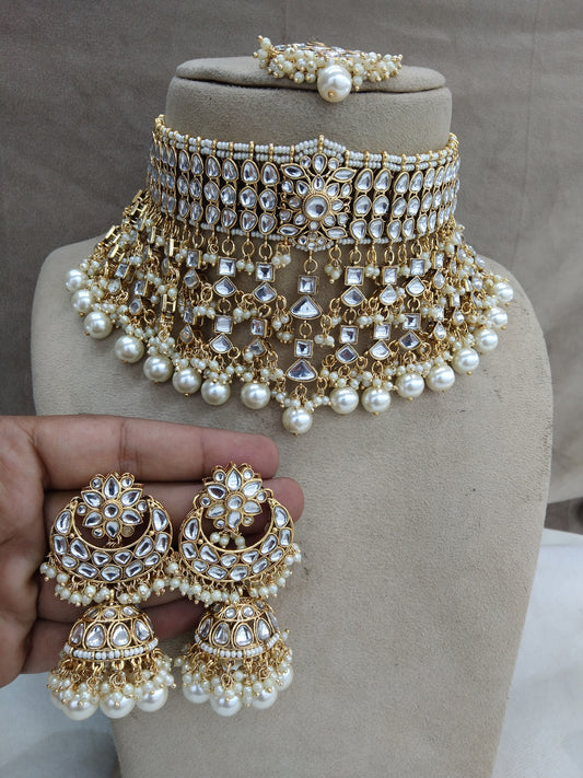 kundan Choker Set Earrings Set/Gold white choker set Indian Jewelry  kura Set