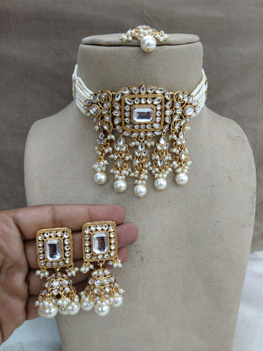 Indischer Schmuck Gold Weiß Kundan Choker Meadow Set