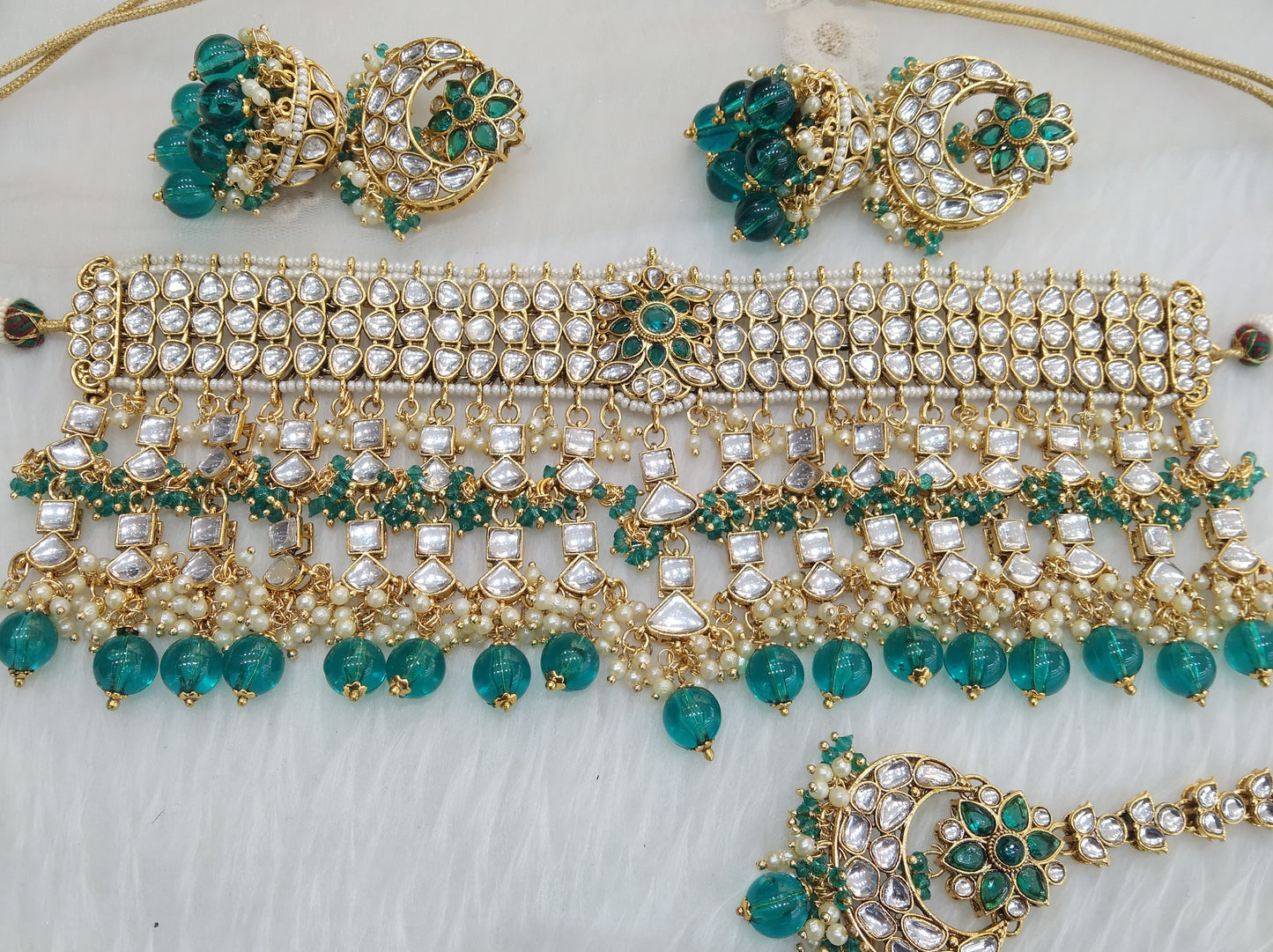 kundan Choker Set Earrings Set/Gold  Rama green choker set Indian Jewellery Necklace kura Set