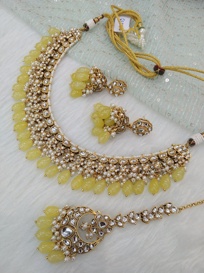 Indian Jewellery/ Gold yellow Semi Bridal Kundan necklace Set Indian Peggy Wedding  Jewellery