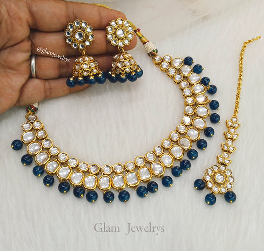 Indian  Jewellery , Kundan blue necklace Set Indian Wedding Semi Bridal Necklace origins set