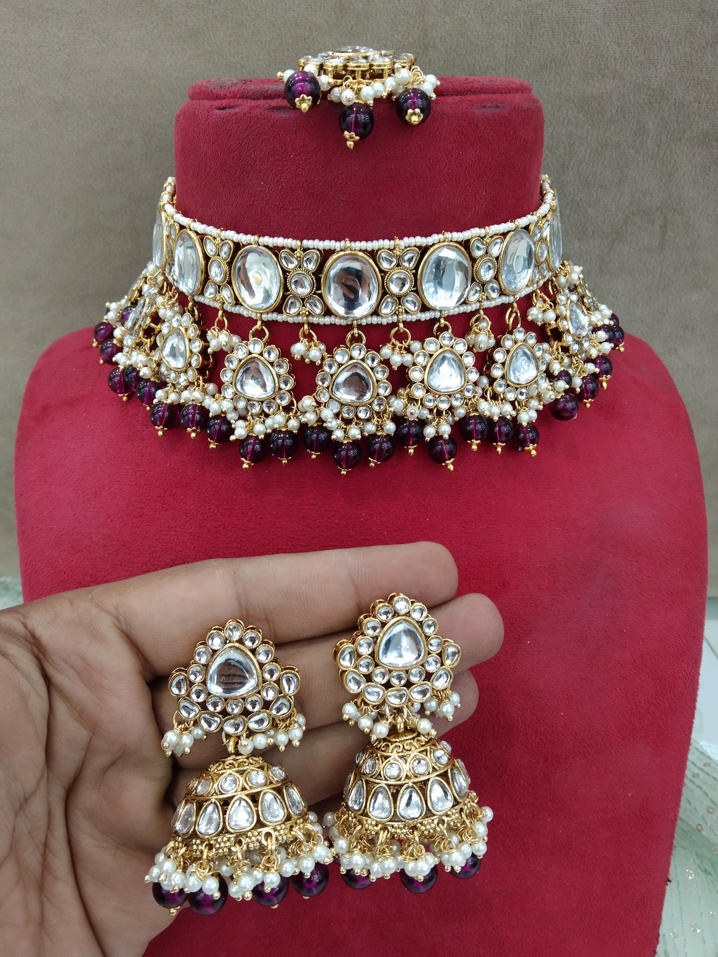 Indian jewellery Gold finish Purple  kundan  Choker Set Earrings Set/Gold Indian Teho Jewellery