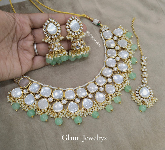 Indian  Jewellery ,Pastel green Kundan necklace Set Indian Wedding Bridal sona set