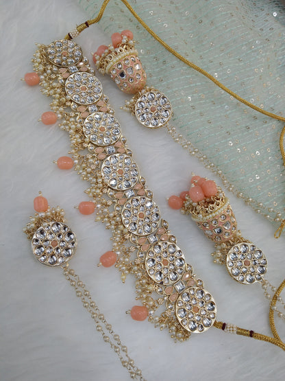 Indian  Jewellery Gold Peach Kundan choker Set/ kundan choker Kundan yaroslavi Set