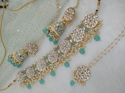 Indian Jewellery Gold Aqua Kundan Choker Set/ kundan choker Kundan yaroslavi Set