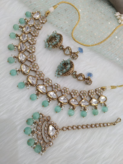 Gold Kundan necklace Jewellery Set/ Gold sea green kundan Indian jewellery kundan meena sets