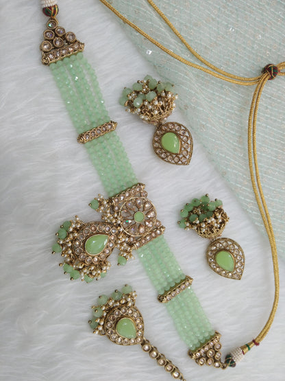 Indian  Jewellery/Dark gold pastel green choker choose set