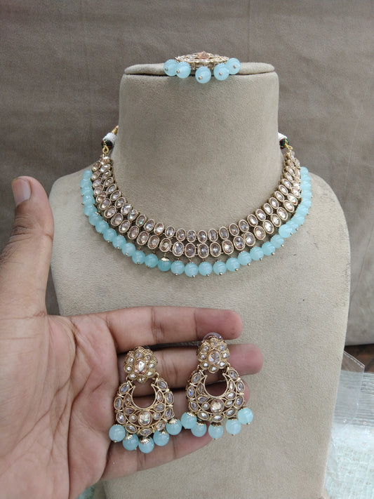 Indian  Jewellery/dark gold sky blue necklace Set/Gold Indian  Jewellery fairlawn Set