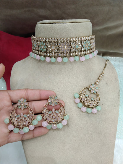Choker Set/ Dark Gold Mint pink choker Indian  Bridesmaid rostov Jewellery