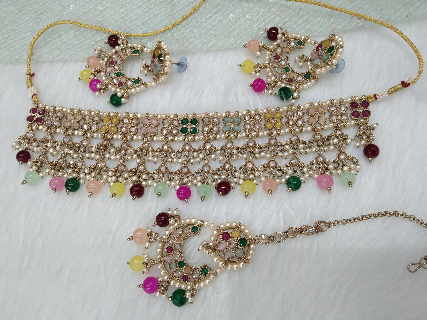 Indian Jewellery Antique gold multicolor choker Tikka Set/shine choker Set