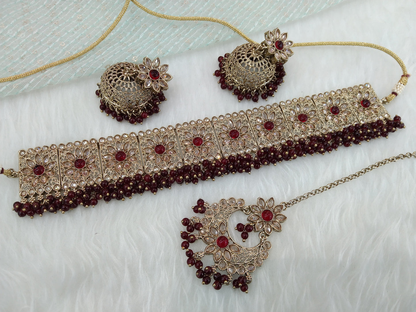Dark Gold Choker Set/ dark gold Maroon choker Indian seema Jewellery