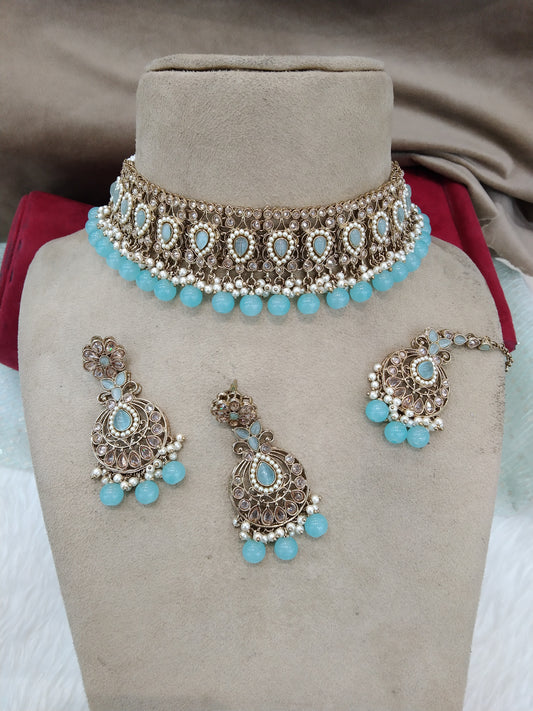 Choker set/ Dark gold sky blue choker winnipeg Jewellery