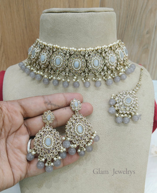 Indian jewellery choker set/Dark gold grey choker set/Hira jewellery