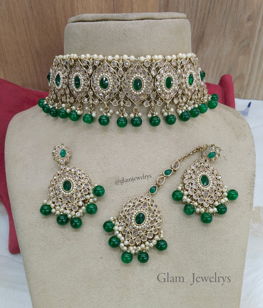 Indian jewellery choker set/Dark gold green choker set/Hira jewellery