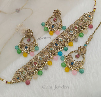Jewelry Choker Set /Antique gold finish Jewellery set / Multicolor choker  set/waterloo jewelry set