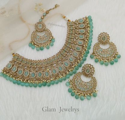 Dark Gold Sea Green Necklace Jewellery Set/ dark gold Indian Bridal nisha Jewellery