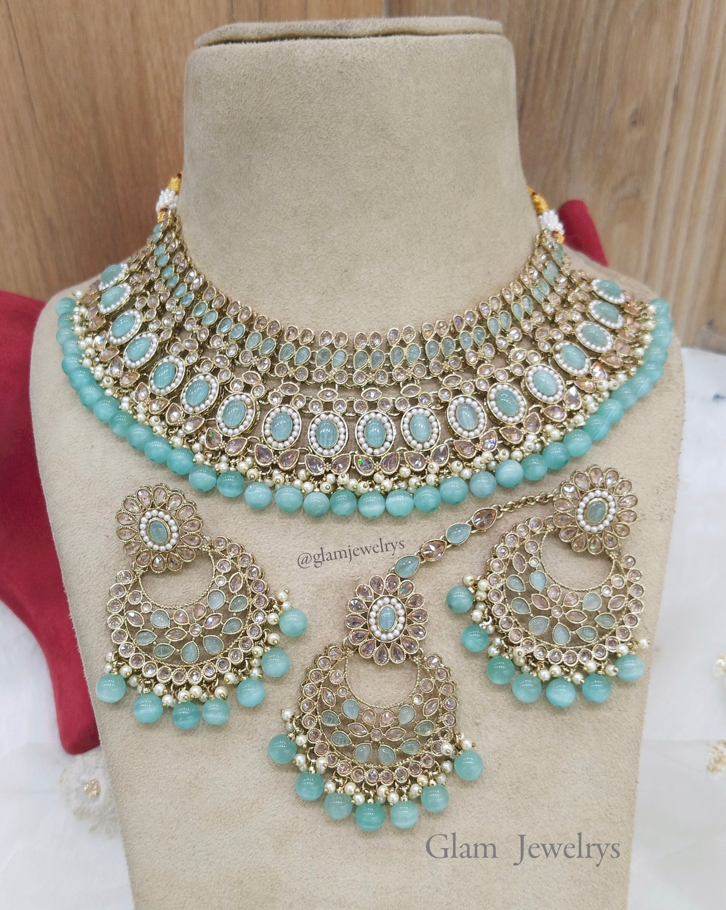 Dark Gold Sea Green Necklace Jewellery Set/ dark gold Indian Bridal nisha Jewellery