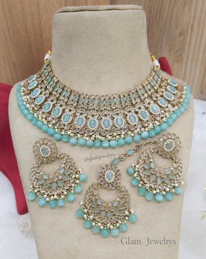 Dark Gold Sea Green Necklace Jewellery Set/ dark gold Indian Bridal nisha Jewellery