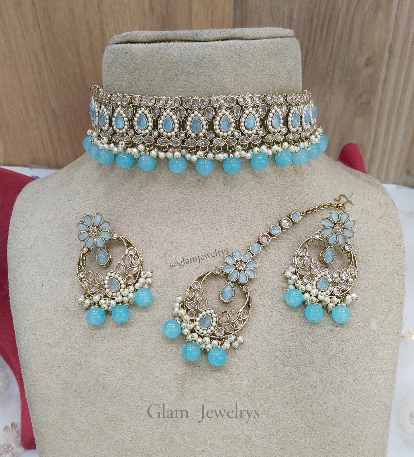 Jewelry Choker Set /Antique gold finish Jewellery set / sky blue choker  set/waterloo jewelry set