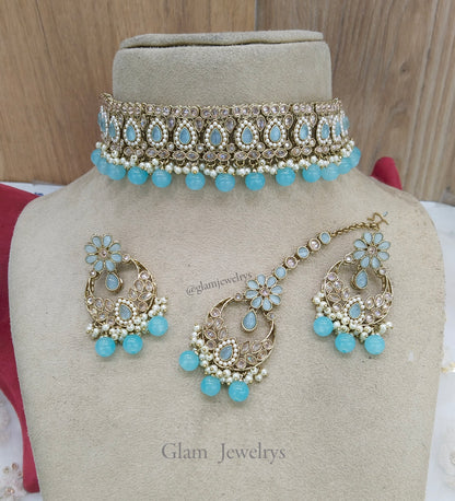 Jewelry Choker Set /Antique gold finish Jewellery set / sky blue choker  set/waterloo jewelry set