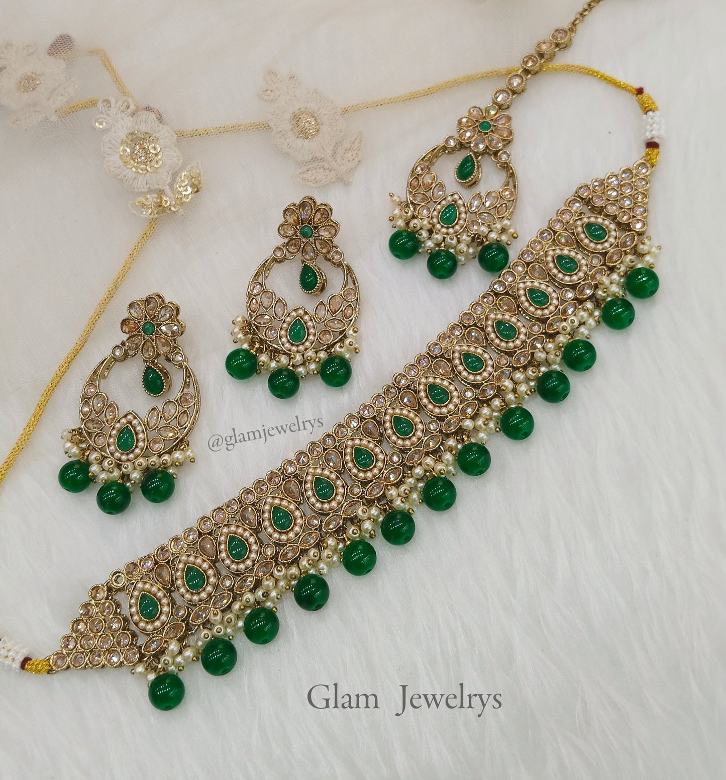 Jewelry Choker Set /Antique gold finish Jewellery set /Green  choker  set/waterloo jewelry set