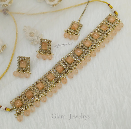 Antique Gold  Peach Choker Jewelery Set/ Indian soha Jewellery Online