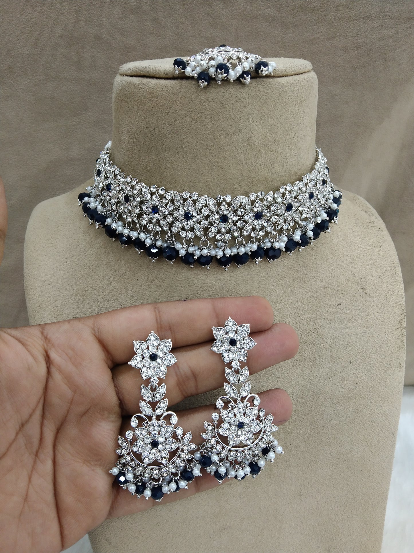 Choker Set Silver Black choker Set/ Bollywood Jewellery/Indian choker tesli necklace