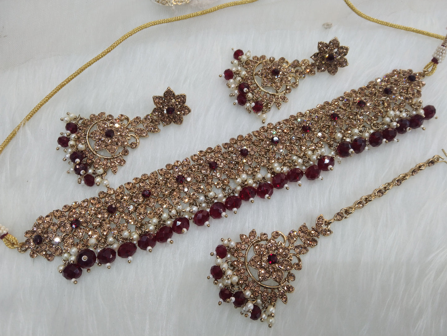 Choker Set dark Gold maroon choker Set/ Bollywood Jewellery/Indian choker tesli necklace