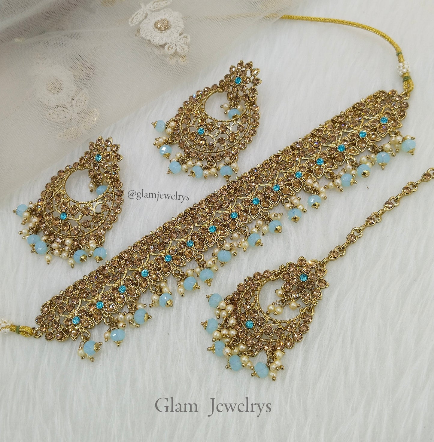Antique Gold  Choker Necklace Jewellery Set / dark gold sky blue bollywood choker vinland Jewellery
