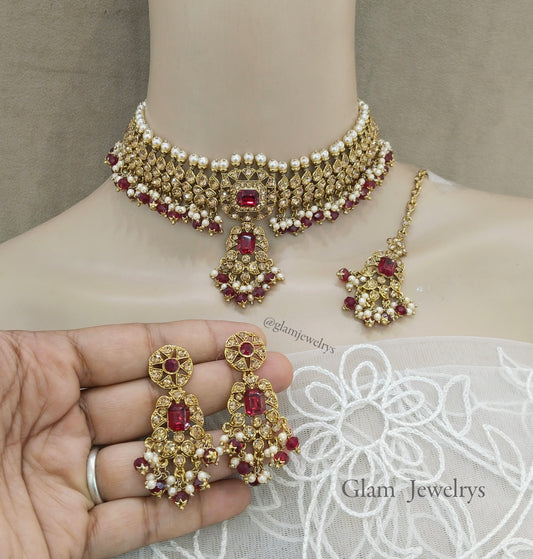 Copy of Indian Jewelry Jewellery/Dark gold choker Set/Dark gold green Indian Jewellery adelaide Set