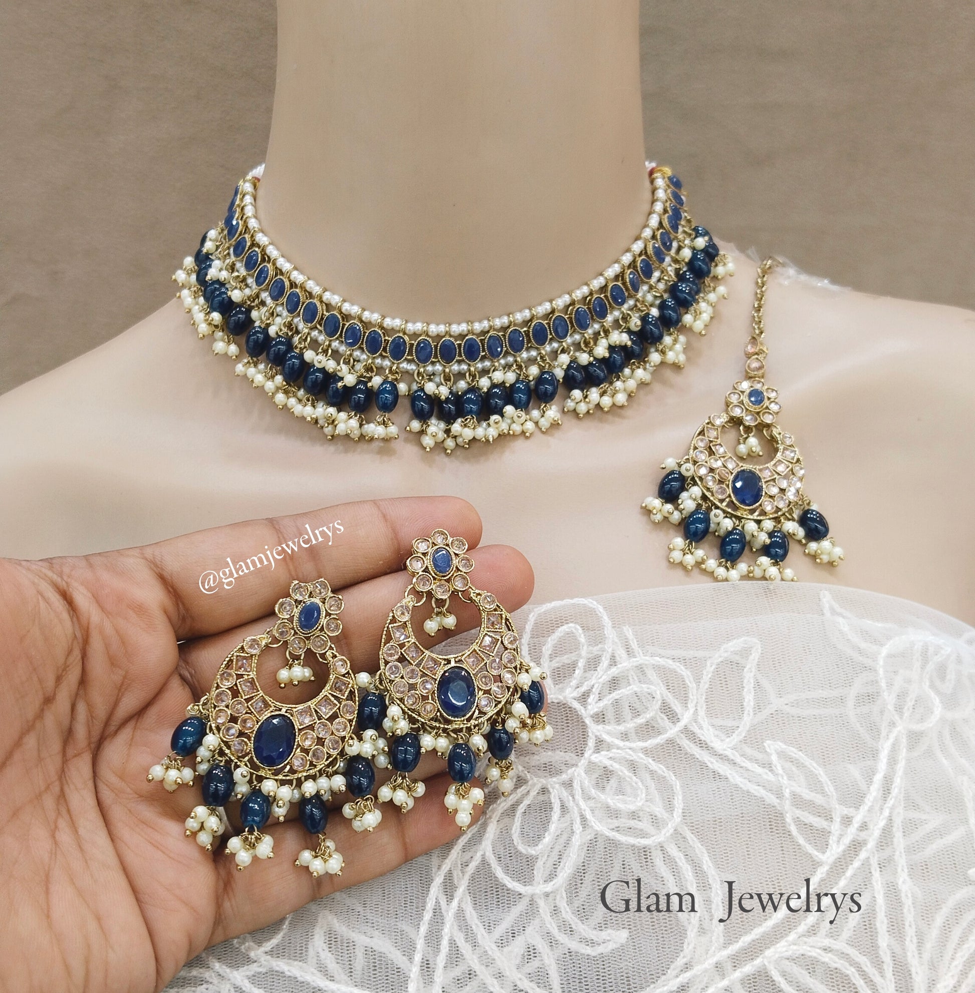 Blue Choker Indian jewelry Choker Necklace Set – Glam Jewelrys