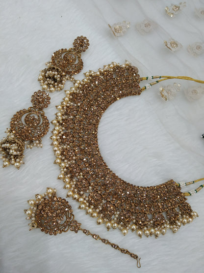 Antique  Gold Wedding Necklace Jewellery Set/ dark gold Indian Bridal Wedding perm Jewellery