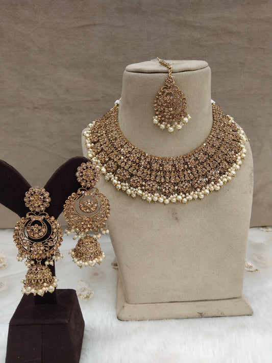 Antique  Gold Wedding Necklace Jewellery Set/ dark gold Indian Bridal Wedding perm Jewellery