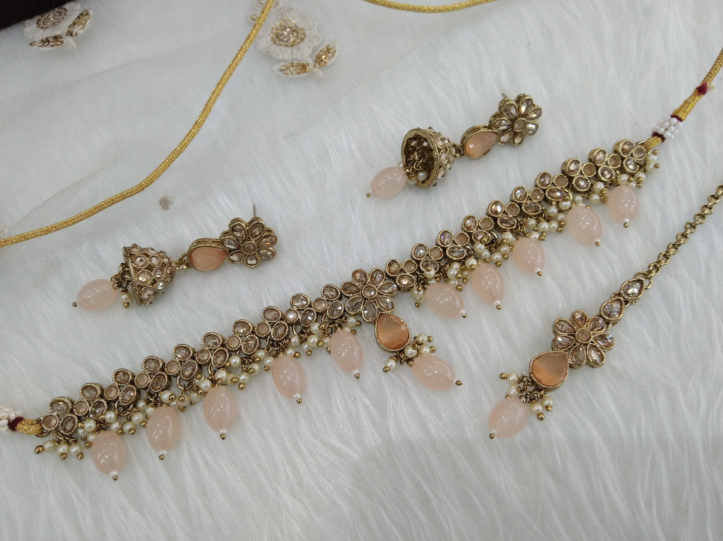 Indian  Jewellery Antique gold peach choker Tikka Set/Gold Bollywood Tauranga Set