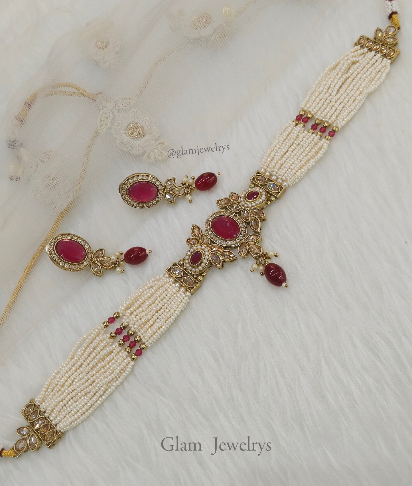Indian  Jewellery Antique gold maroon choker tikka touranga set