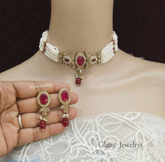 Indian  Jewellery Antique gold maroon choker tikka touranga set