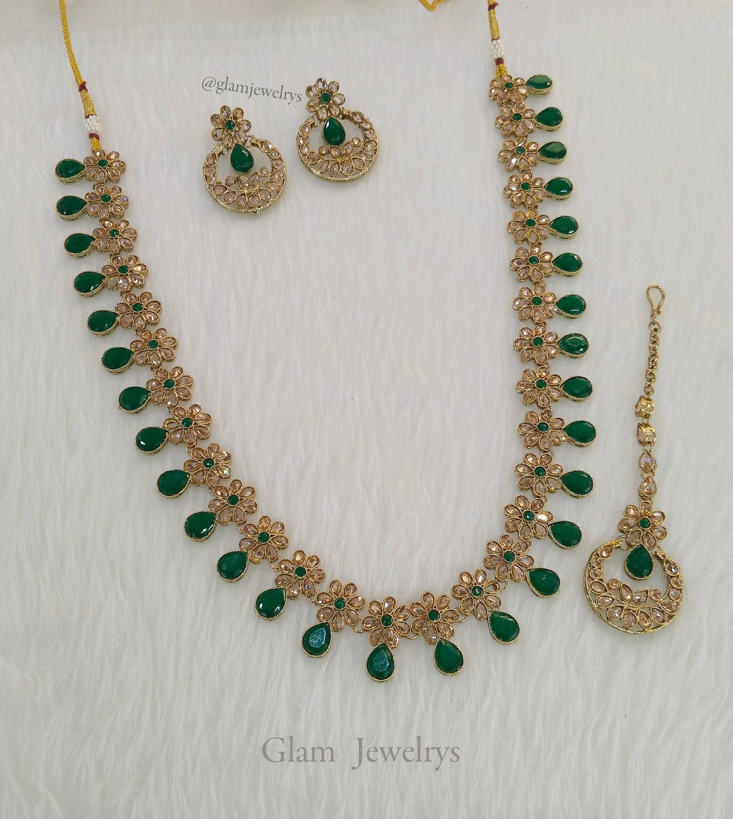 Antique Gold Long Necklace Set/ dark gold green indian bridal sherry jewellery Online