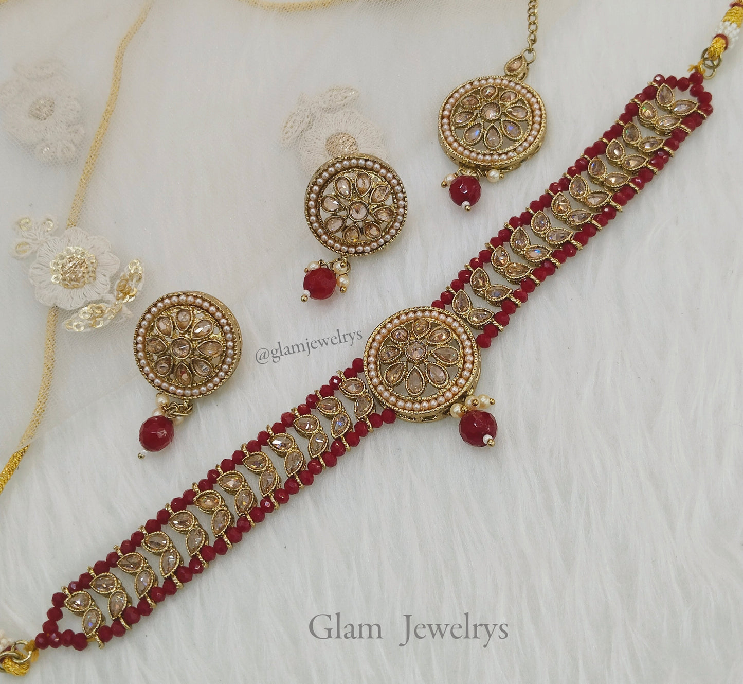 Indian jewellery choker Set/Antique gold maroon choker studs earrings set/Gold indian  rita choker set