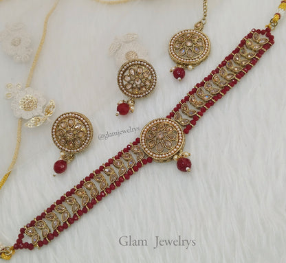 Indian jewellery choker Set/Antique gold maroon choker studs earrings set/Gold indian  rita choker set