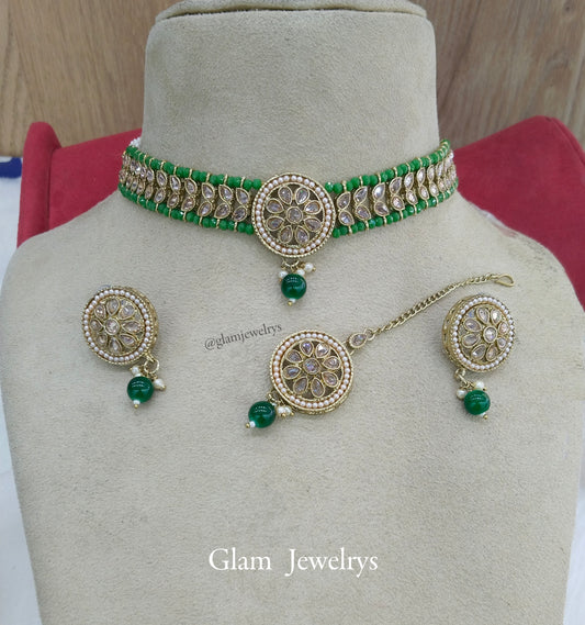 Indian jewellery choker Set/Antique gold green choker studs earrings set/Gold indian  rita choker set