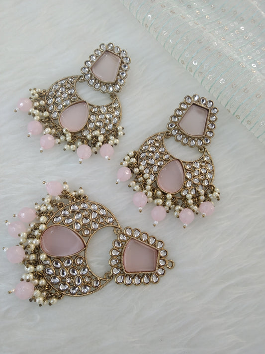 Indian Kundan Earrings Jewellery/pink Kundan Earrings tikka set/ bollywood Earrings pulsar Set