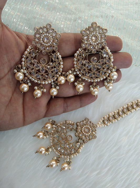 Indian Earrings tikka Jewellery/Antique gold Earrings tikka set/ bollywood Earrings meena Set