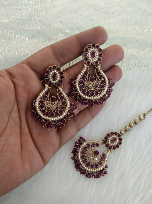 Indian Earrings tikka Jewellery/Antique gold purple Earrings tikka set/ bollywood Earrings improve Set
