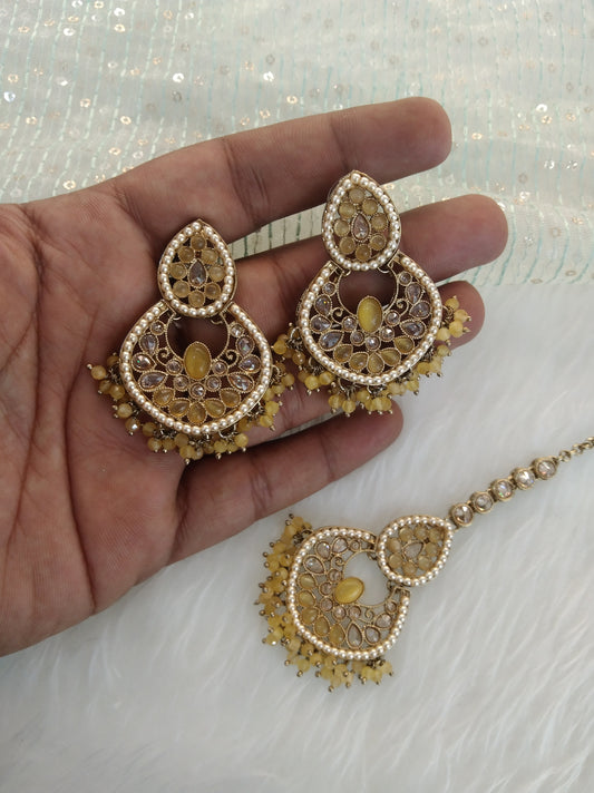 Indian Earrings tikka Jewellery/Antique gold yellow Earrings tikka set/ bollywood Earrings improve Set