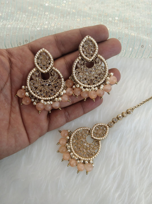 Indian Earrings tikka Jewellery/Antique gold Peach Earrings tikka set/ bollywood Earrings improve Set