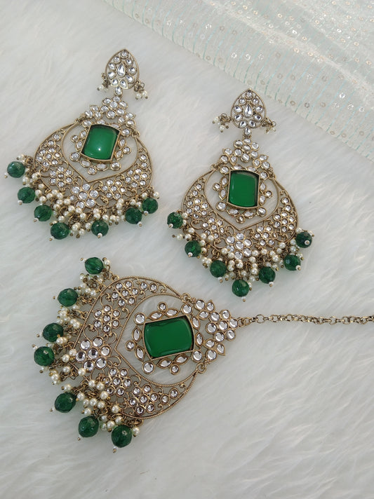 Indian Kundan Earrings Jewellery/Green Kundan Earrings tikka set/ bollywood Earrings say Set