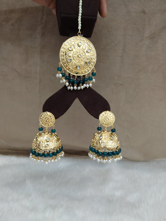 Indian Earrings Jhumka Jadau Gold peacock blue Big Earrings Tikka /Indian Jhumka Tikka risha Set