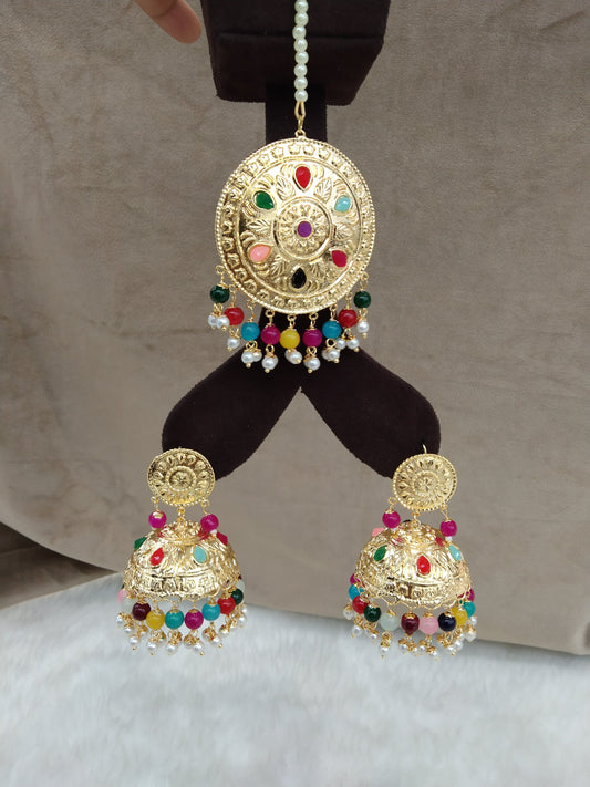 Indian Earrings Jhumka Jadau Gold multicolor Big Earrings Tikka /Indian Jhumka Tikka risha Set