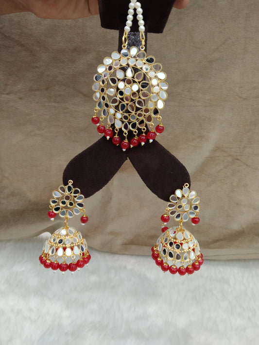 Indian Earrings Jhumka Jadau Gold red Earrings Tikka /Indian Jhumka Tikka rashi Set