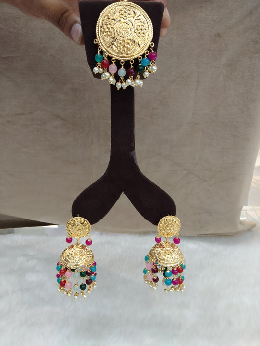 Indian Earrings Jhumka Jadau Gold multicolor Earrings Tikka /Indian Jhumka Tikka ruhi Set